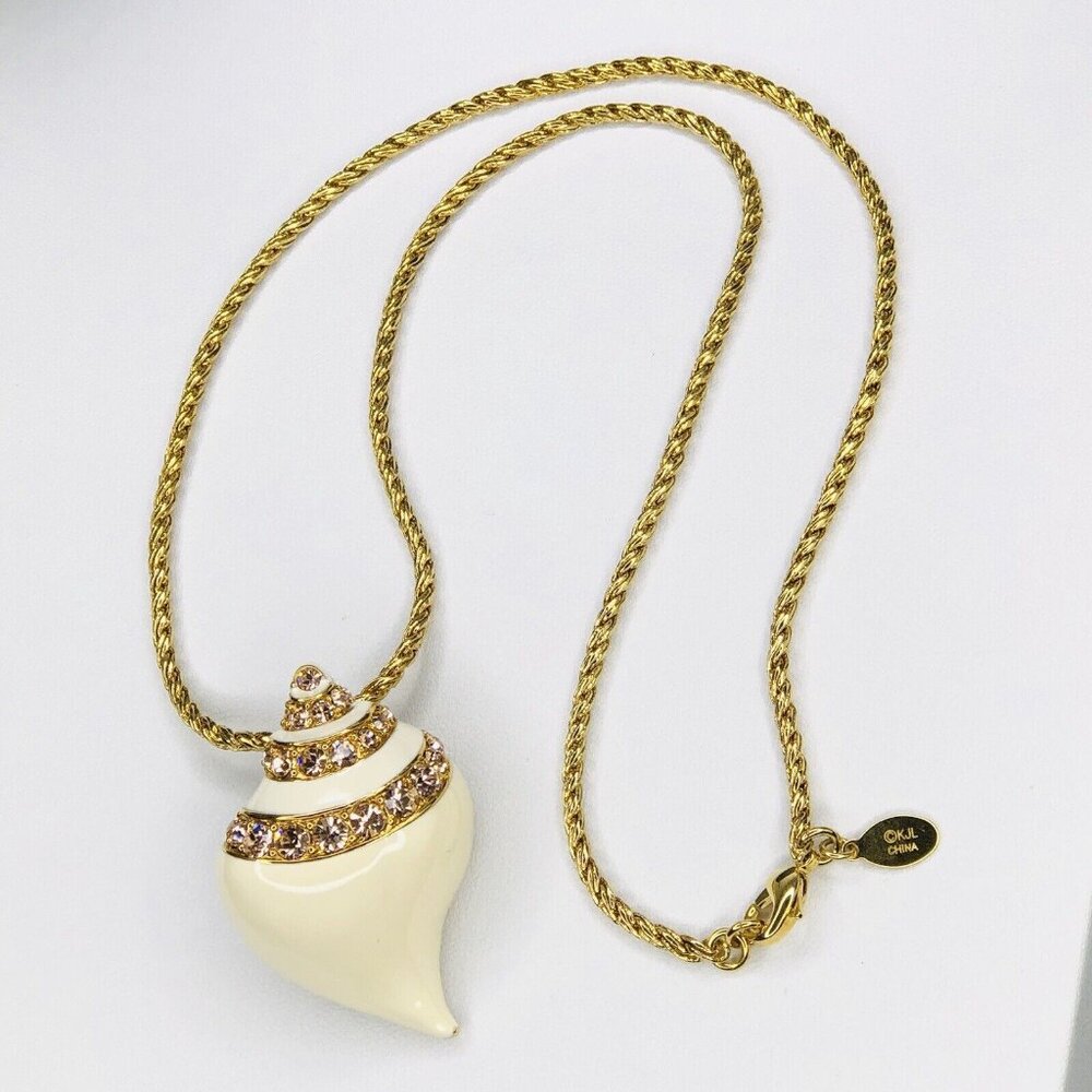 Kenneth Jay Lane Rhinestone Shell Pendant Brooch Twisted Rope Chain Necklace 20"